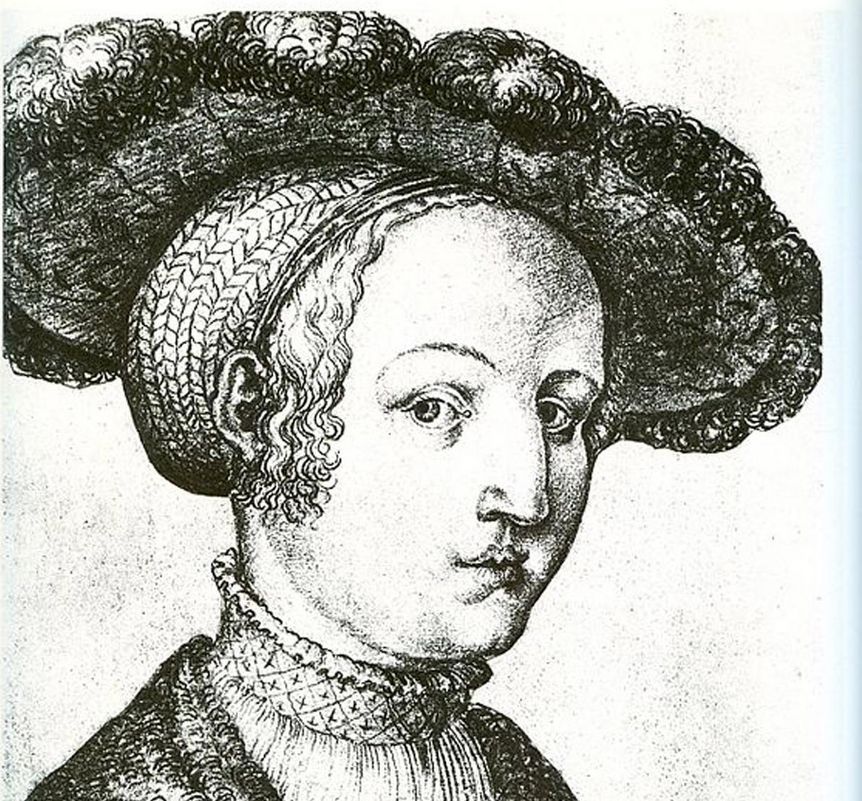 Image: Wikipedia, gemeinfrei Portrait of Sabina von Bayern, charcoal drawing, circa 1530